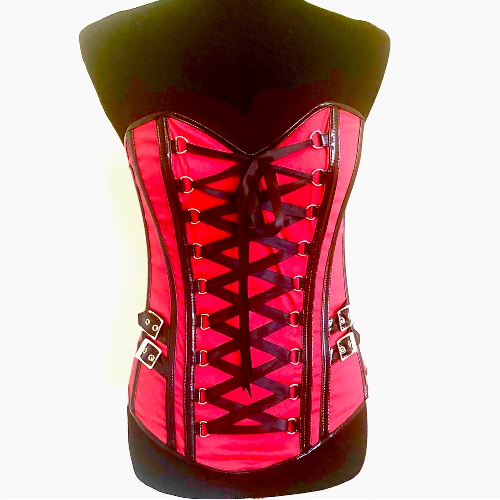 Fredericks of Hollywood Red Corset w Black Faux Leather, Small - Medium